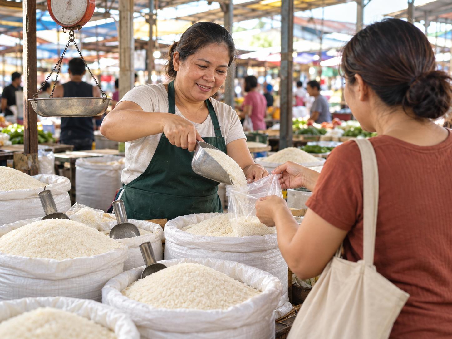 Người bán gạo xúc gạo vào túi tại quầy hàng ở chợ Philippines