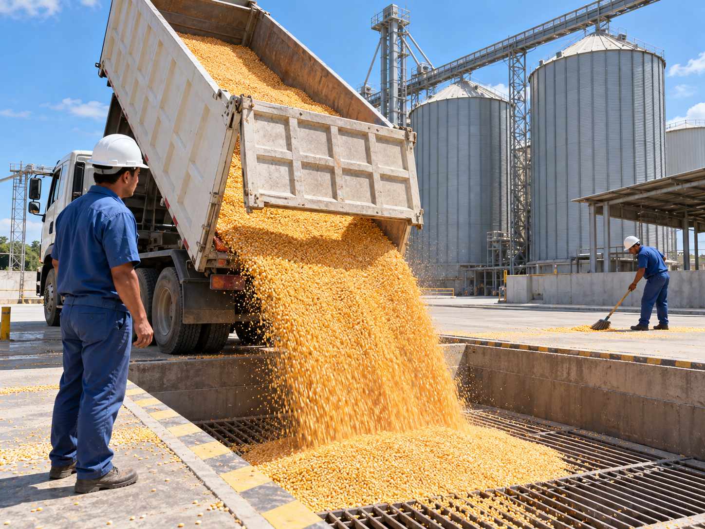 Công nhân đổ ngô từ xe tải vào hố tiếp nhận tại nhà máy thức ăn chăn nuôi