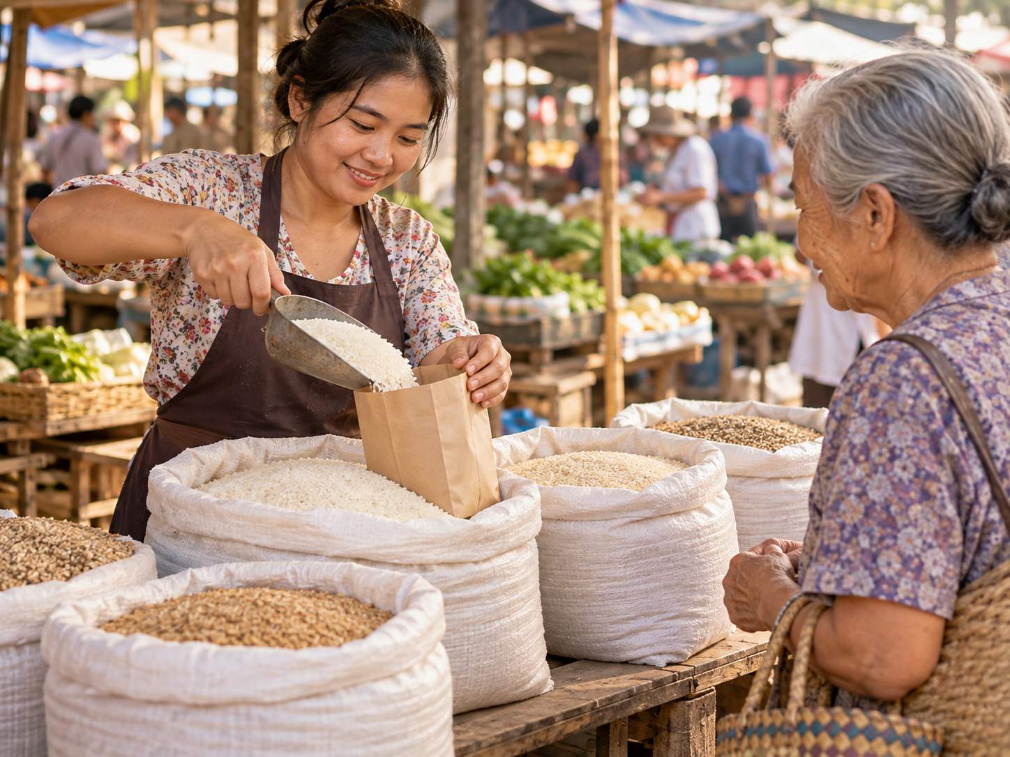 Người bán gạo xúc gạo cho khách tại một sạp chợ buổi sáng