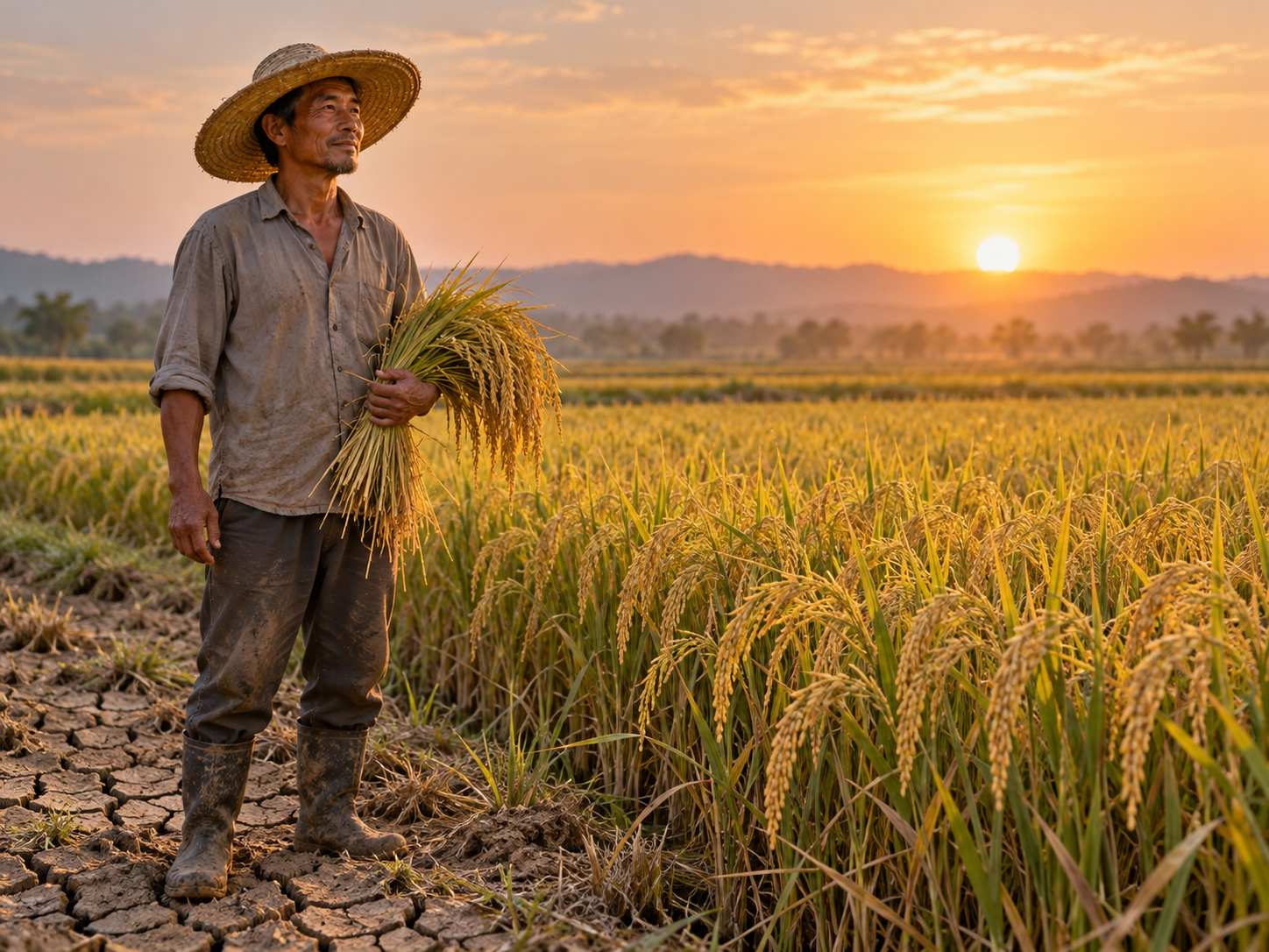 Người nông dân đứng bên thửa ruộng lúa chín trên nền đất nứt nẻ lúc chiều muộn