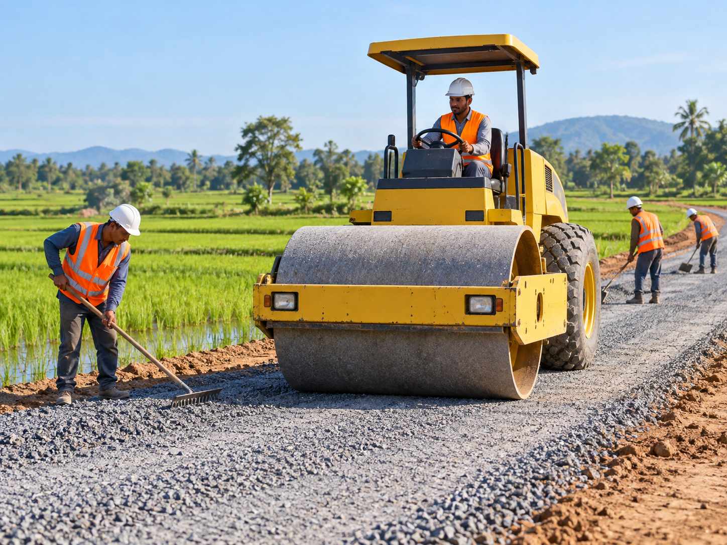 Công nhân lu đường nông thôn mới bên ruộng lúa xanh