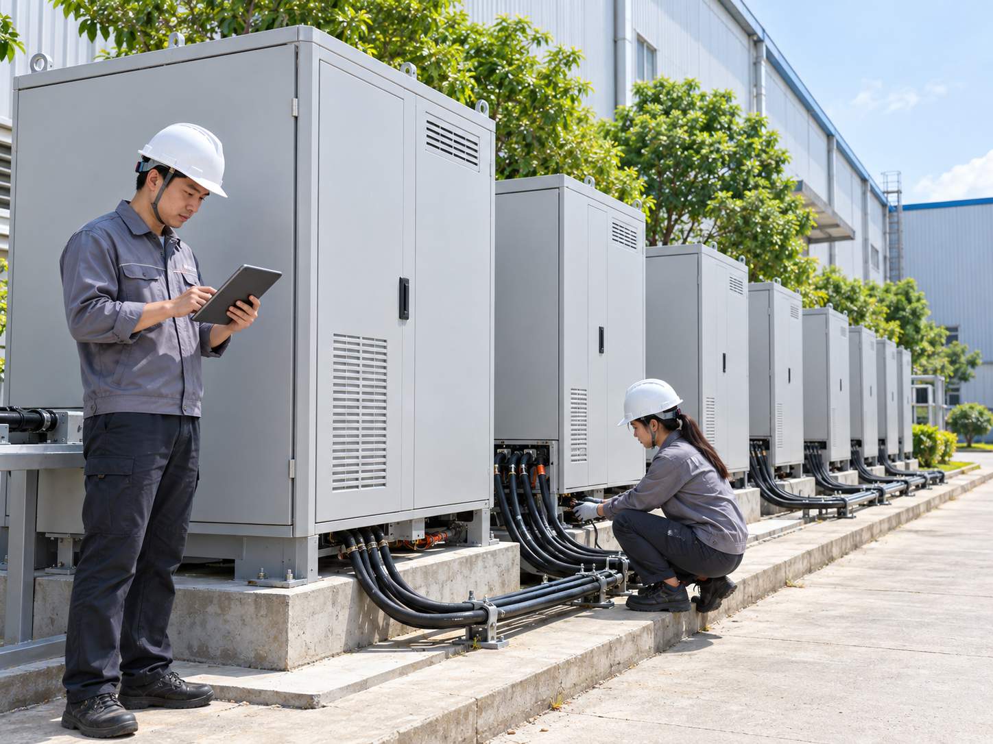 Kỹ sư kiểm tra tủ pin lưu trữ điện đặt cạnh nhà xưởng trong khu công nghiệp