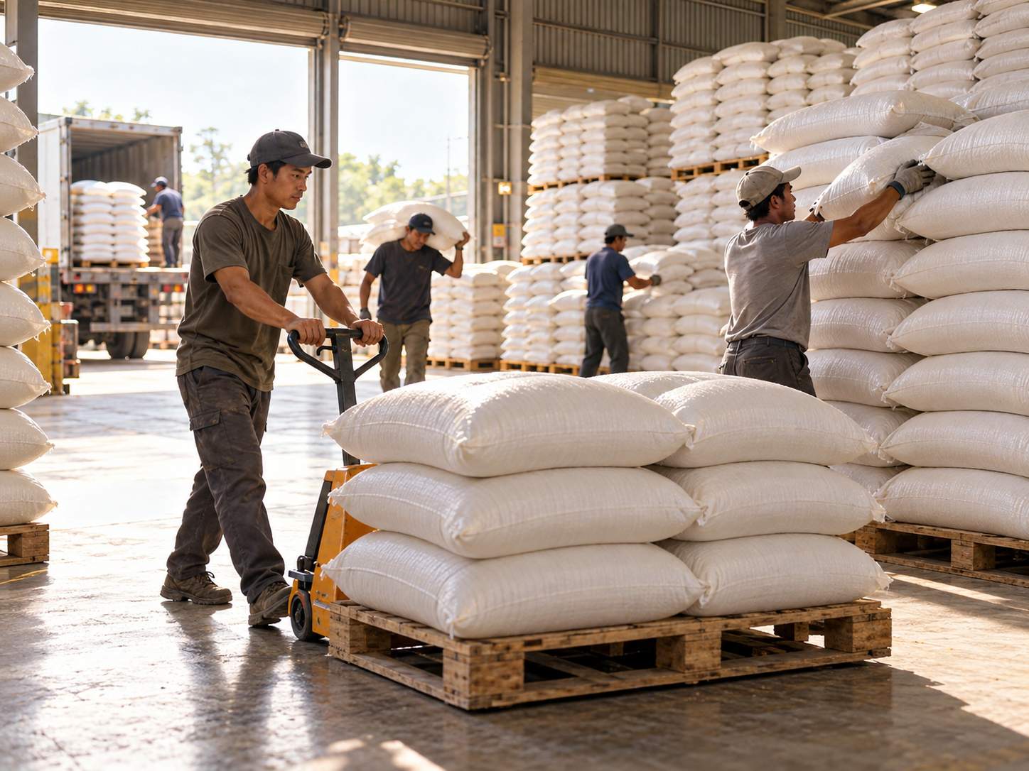 Công nhân xếp bao gạo trắng lên pallet trong kho gạo