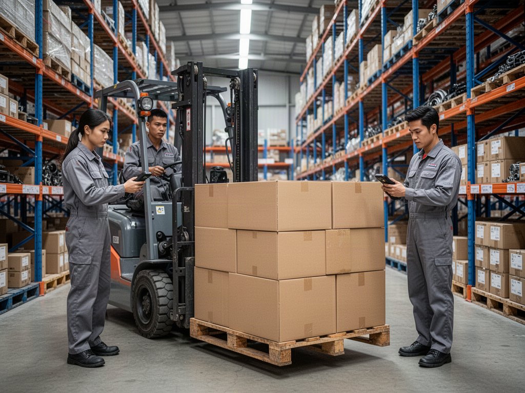 Hai công nhân kiểm kê hàng bằng máy quét trong kho phụ tùng ô tô ở Thái Lan, xe nâng chở pallet thùng carton