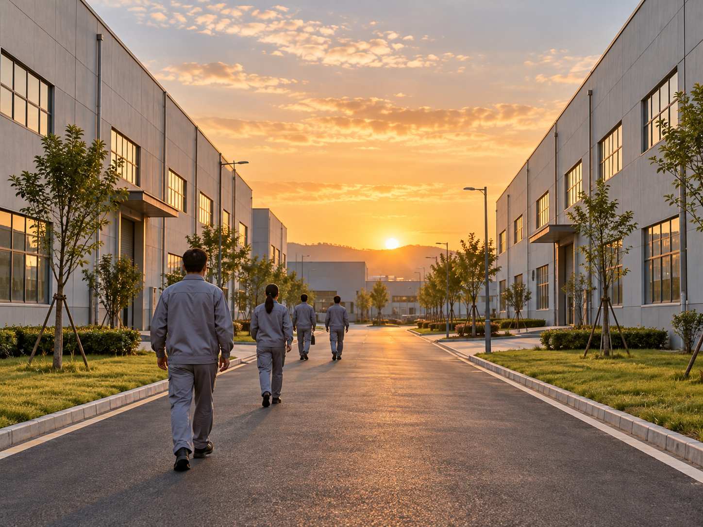 Con đường trống giữa các dãy nhà xưởng thấp tầng vào lúc hoàng hôn