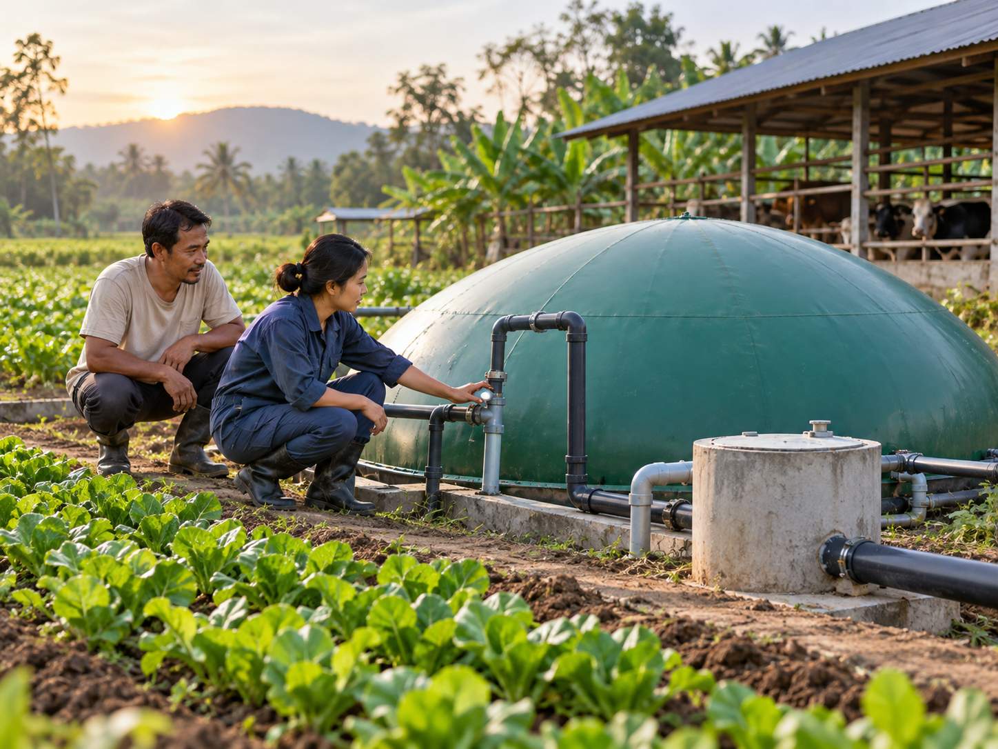 Nông dân và kỹ thuật viên kiểm tra mái vòm chứa khí và đường ống tại một trạm khí sinh học trong trang trại ở Đông Nam Á