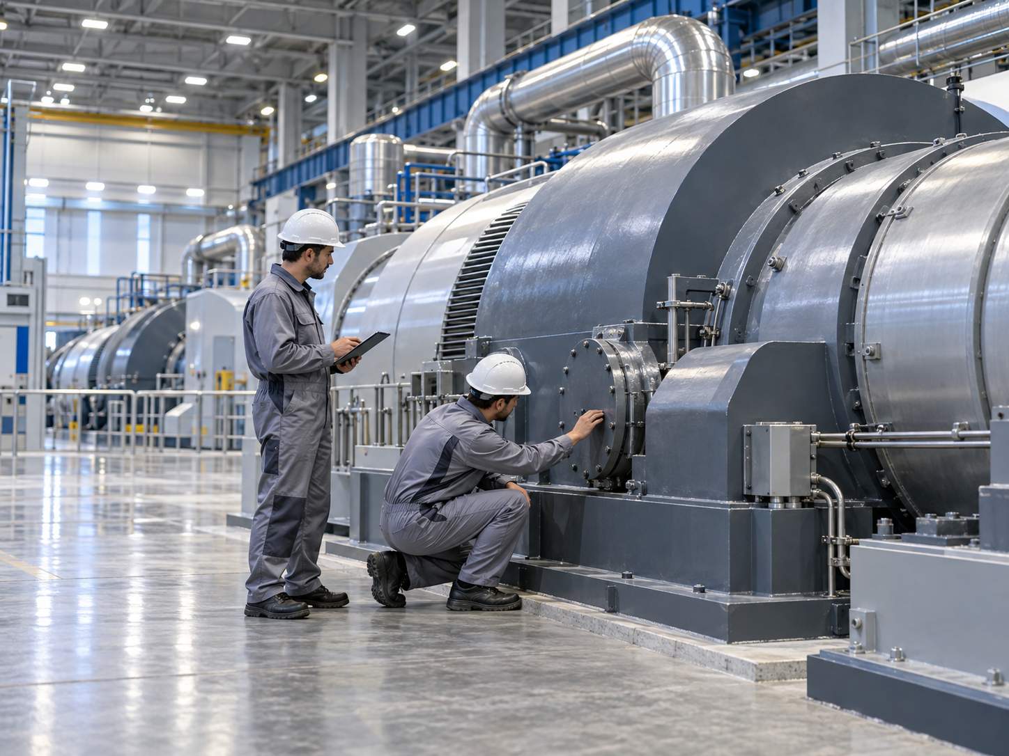 Hai kỹ thuật viên kiểm tra máy phát điện lớn trong nhà máy điện