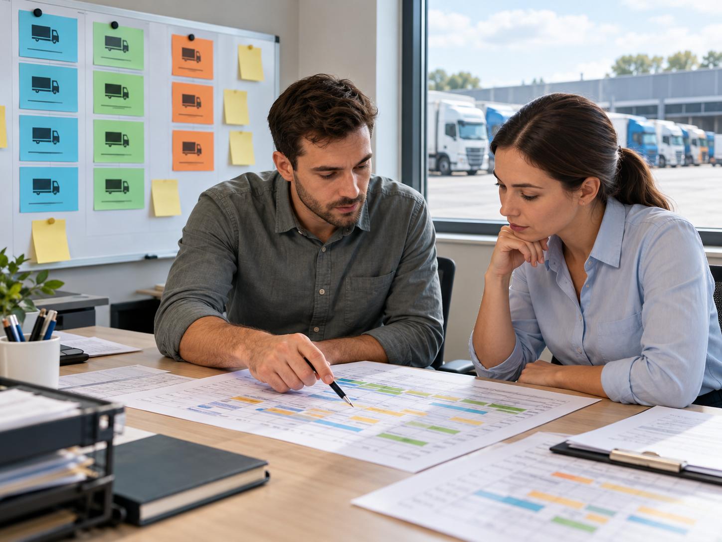 Hai nhân viên logistics xem lịch giao hàng in trên giấy trong văn phòng nhìn ra bãi xe tải