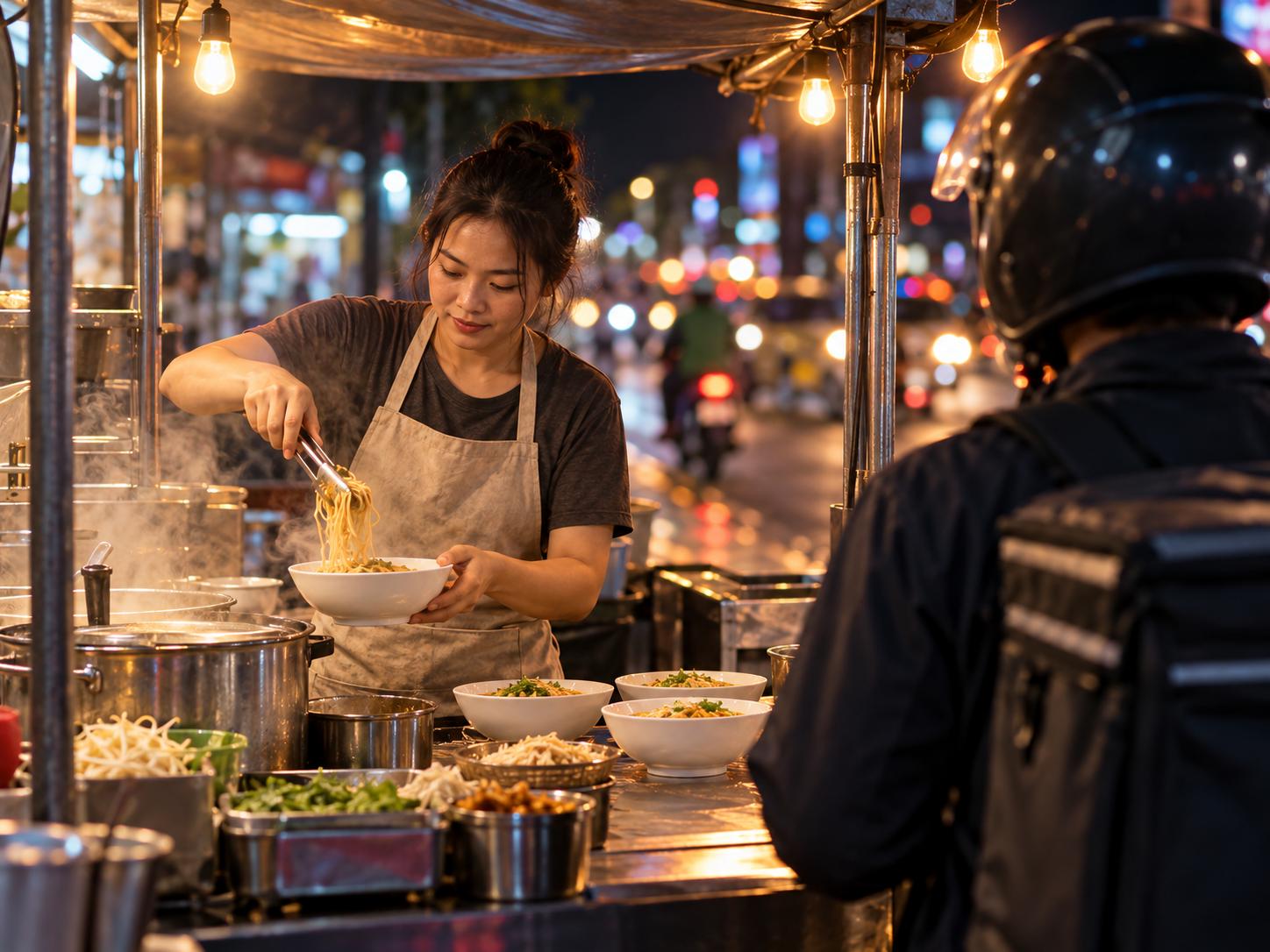 Chủ quầy ăn đêm xếp mì ra bát trắng trong khi một người giao hàng đứng chờ ở rìa khung hình