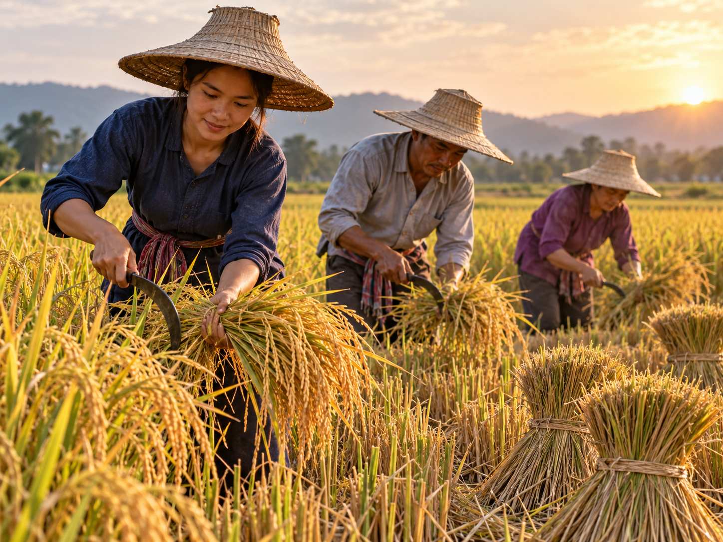 Nông dân Thái Lan gặt lúa thủ công trên cánh đồng lúc chiều muộn
