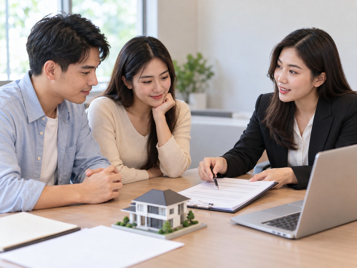 Cán bộ ngân hàng giải thích hồ sơ vay mua nhà cho một cặp vợ chồng trẻ tại quầy giao dịch