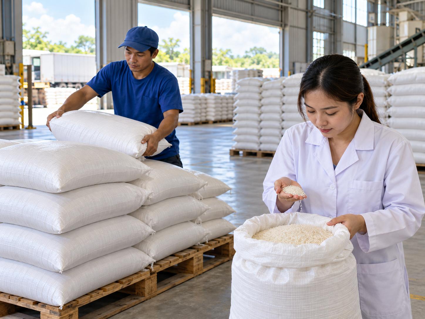 Công nhân xếp bao gạo lên pallet, nhân viên kiểm tra chất lượng bốc thử gạo