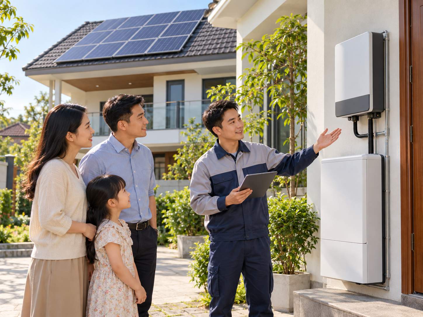 Kỹ thuật viên giới thiệu bộ pin lưu trữ và biến tần cho một gia đình bên hiên nhà có điện mặt trời mái nhà
