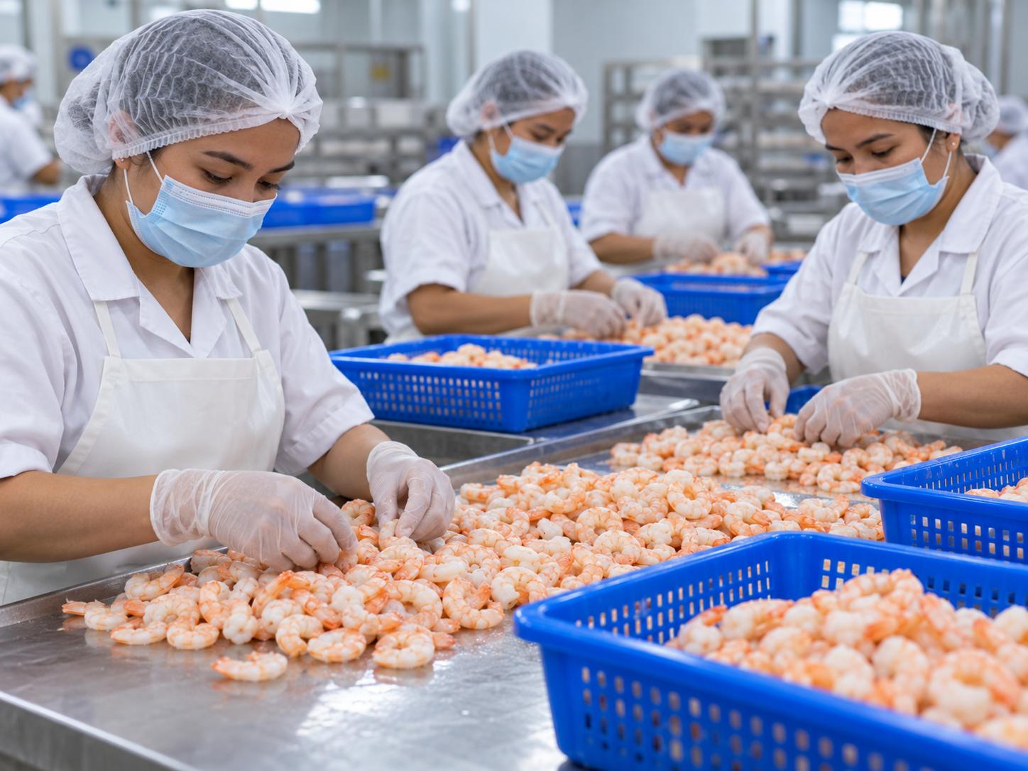 Công nhân mặc áo trắng, đội mũ trùm tóc phân loại tôm đã bóc vỏ trên bàn inox trong xưởng chế biến thủy sản