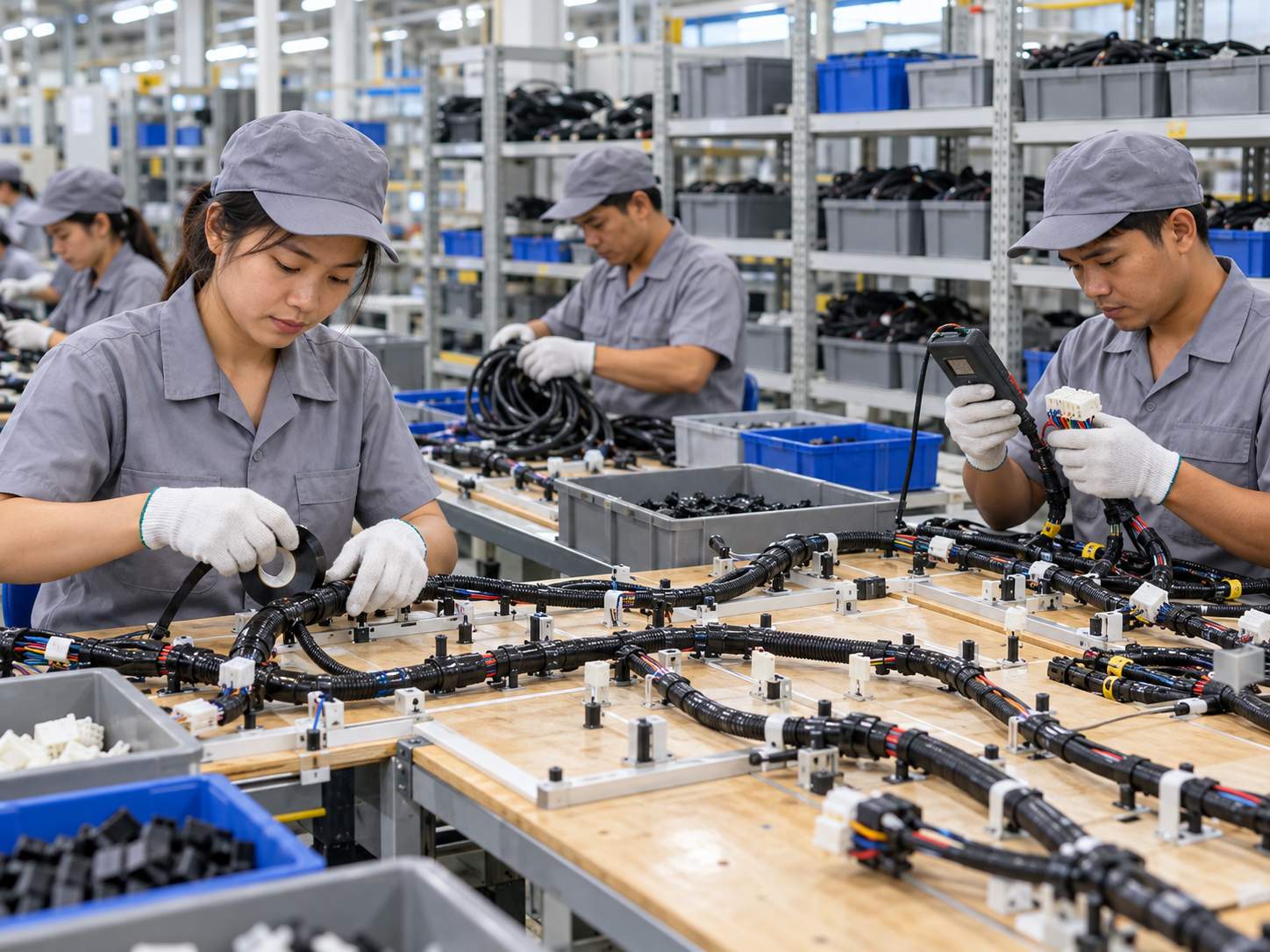 Công nhân lắp ráp bó dây điện trên bàn lắp ráp trong nhà máy phụ tùng ô tô