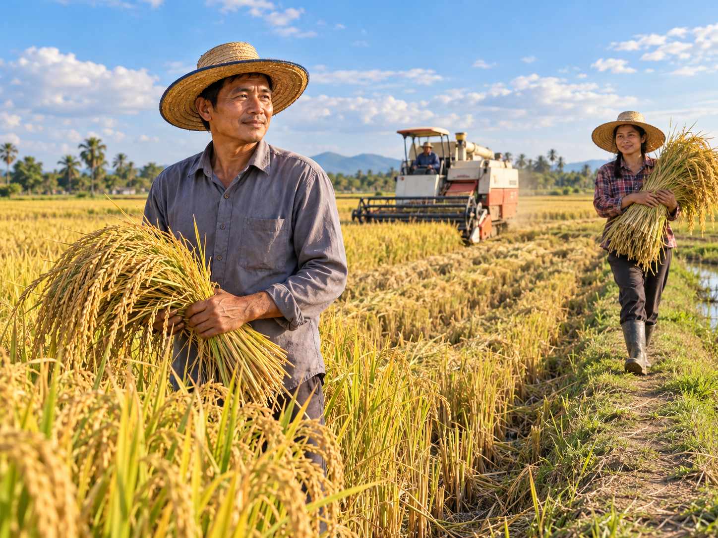 Người nông dân đứng giữa ruộng lúa chín trong lúc máy gặt đang làm việc