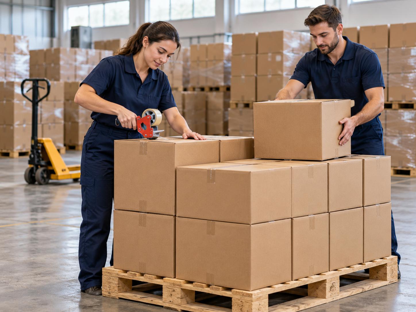 Hai công nhân đóng gói và xếp các thùng carton lên pallet trong nhà xưởng