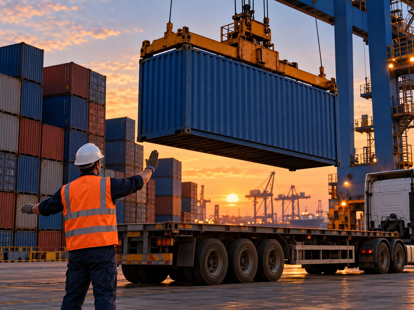Công nhân cảng hướng dẫn cẩu nâng container lên xe đầu kéo lúc chiều tối