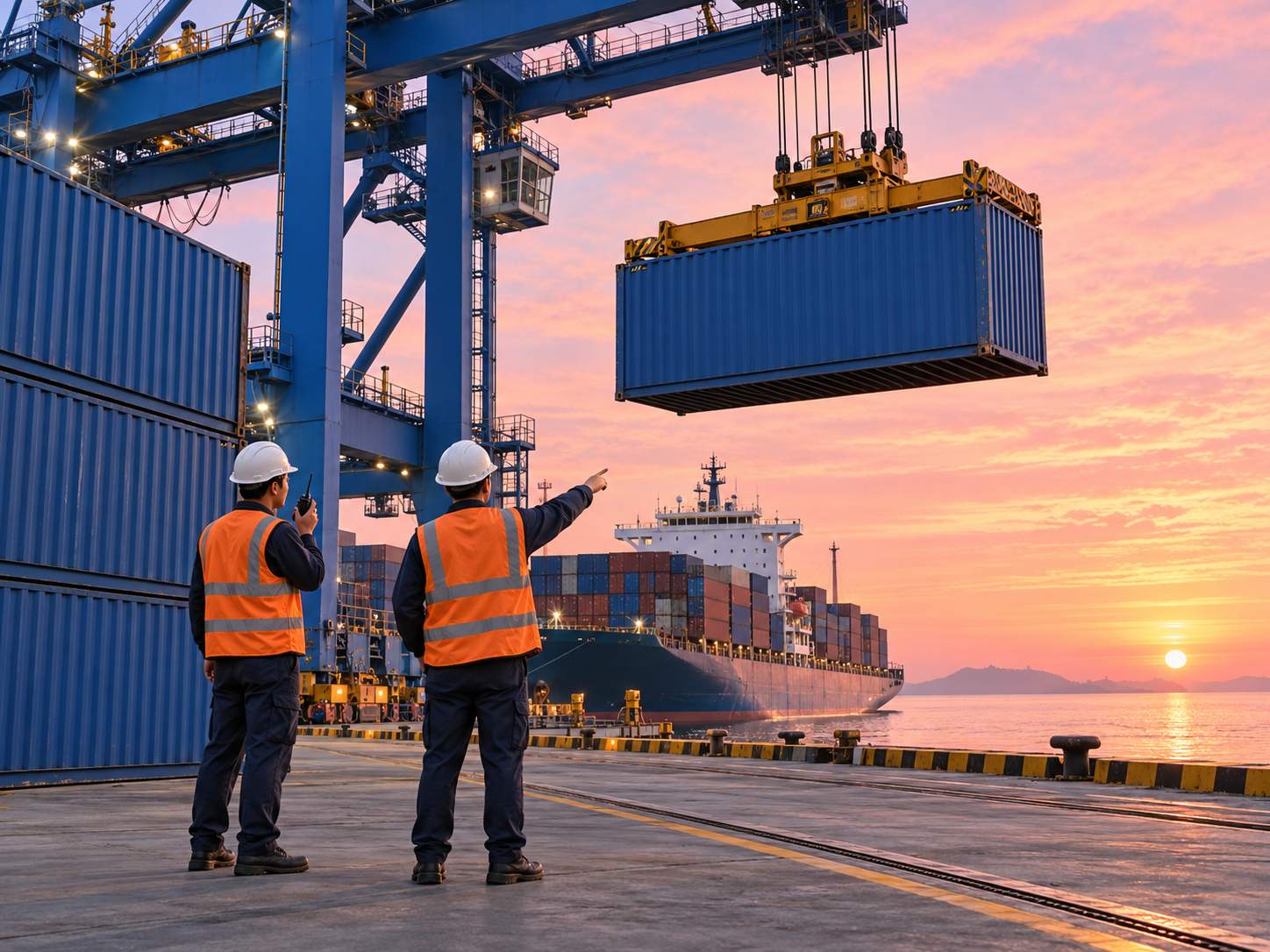 Cảng nước sâu ở Thái Lan lúc bình minh, cần cẩu giàn nâng container, hai công nhân đứng gần chồng container