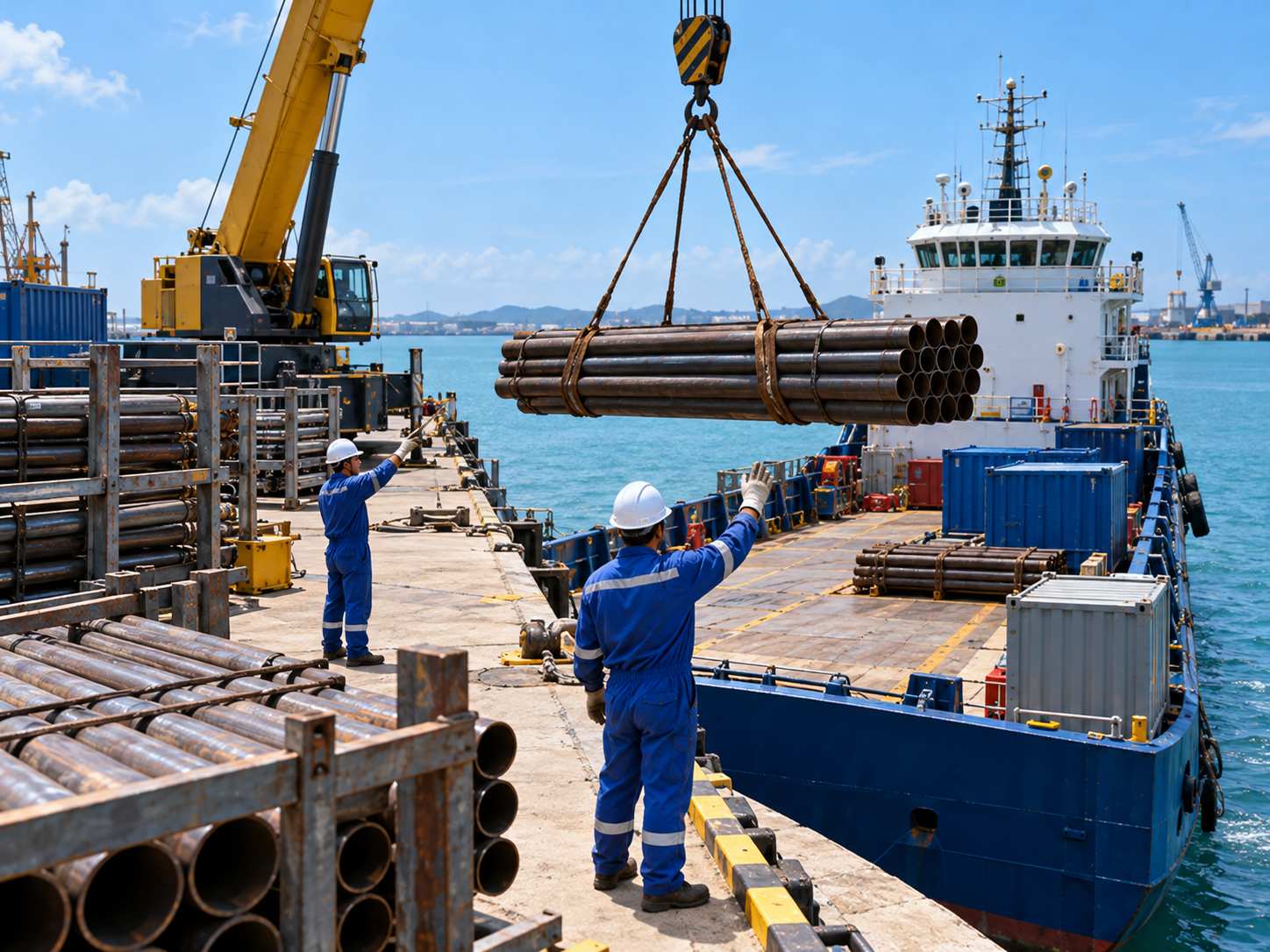Kỹ thuật viên điều khiển cẩu nâng ống thép lên tàu dịch vụ tại cảng cung ứng dầu khí
